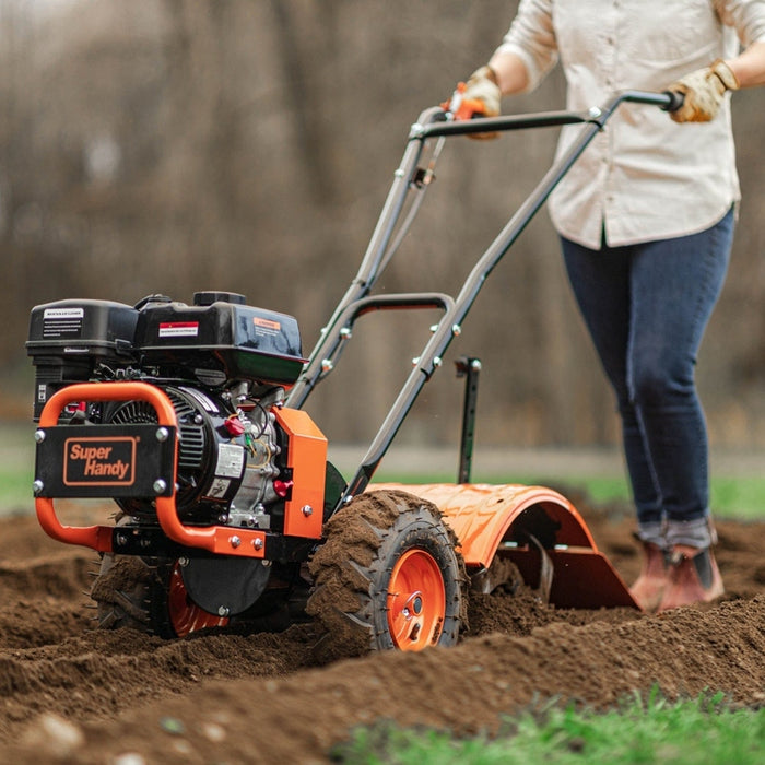 Super Handy GUO116 Rear Tine Tiller Cultivator 16” Width 12" Depth 7HP 209cc 4 Stroke Gas Motor 12 Steel Adjustable Tines